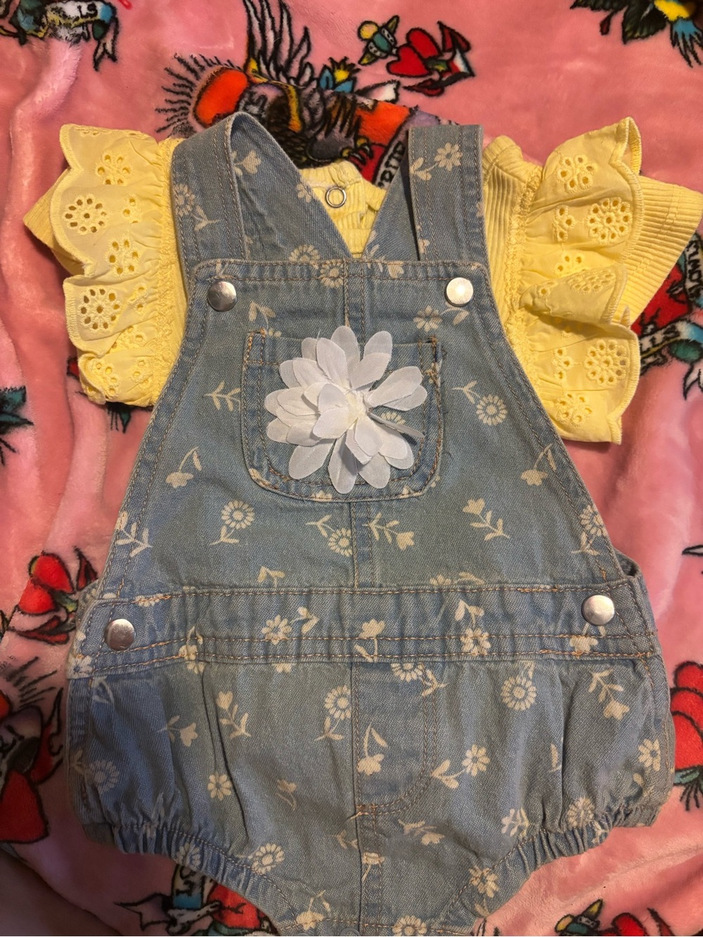 Yellow Ruffle Sleeve Top with Light Blue Floral Denim Baby Overall Romper